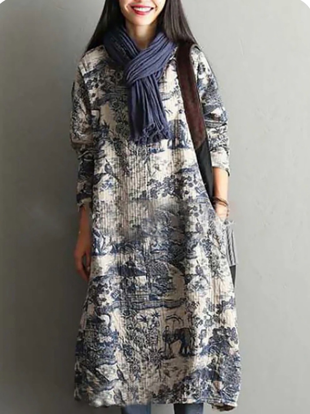 Buykud Chinese Patterned Toile Dress in Navy Sz 3XL